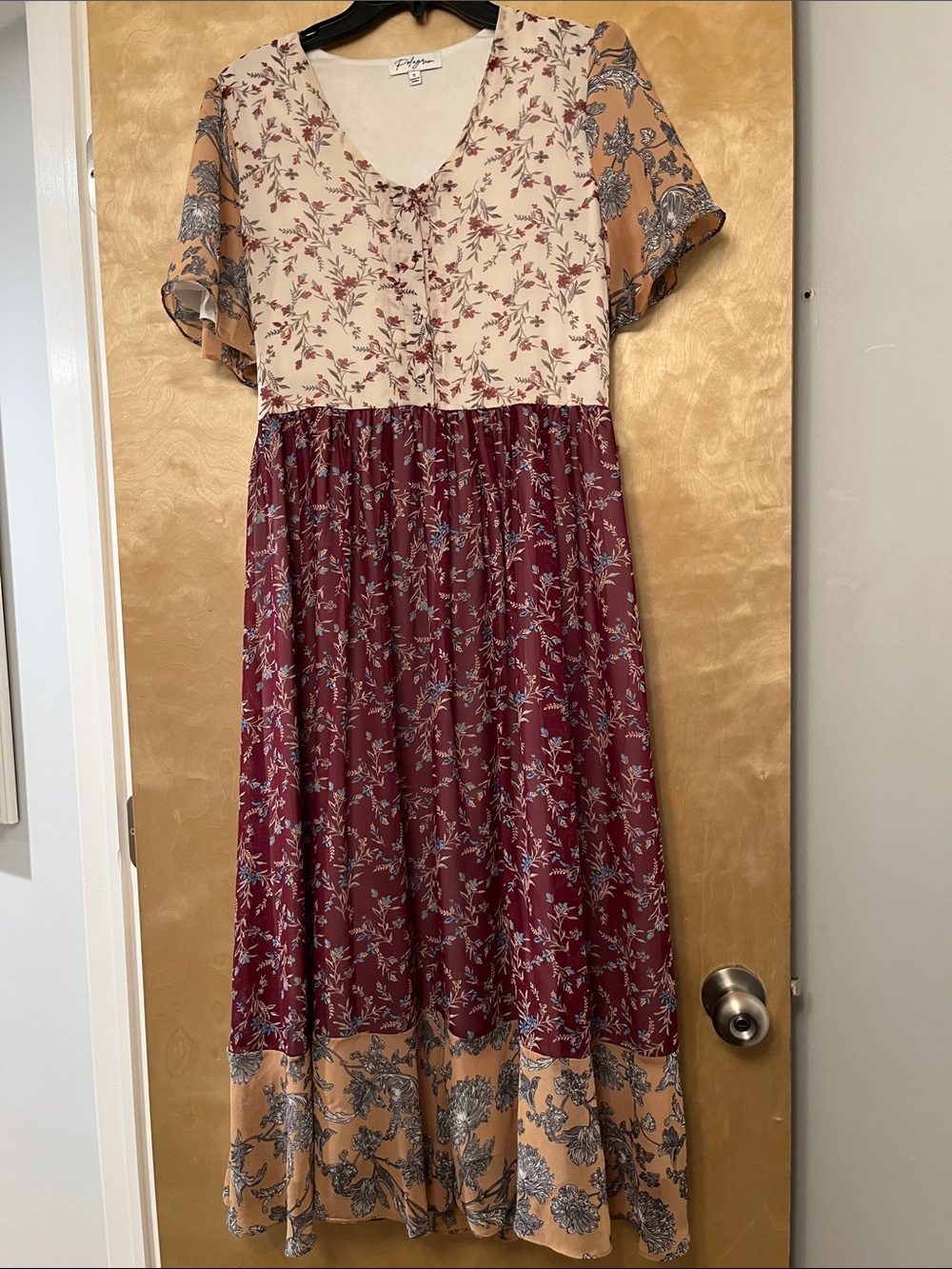 Polagram Patchwork Floral Maxi Dress in Burgundy, Cream, and Tan